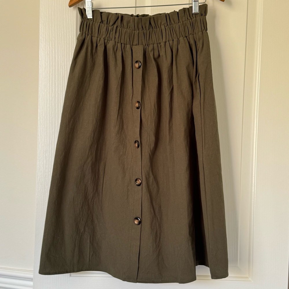 Naggoo Women's High Elastic Waisted Midi Skirts Olive-Green M with Pockets NWT